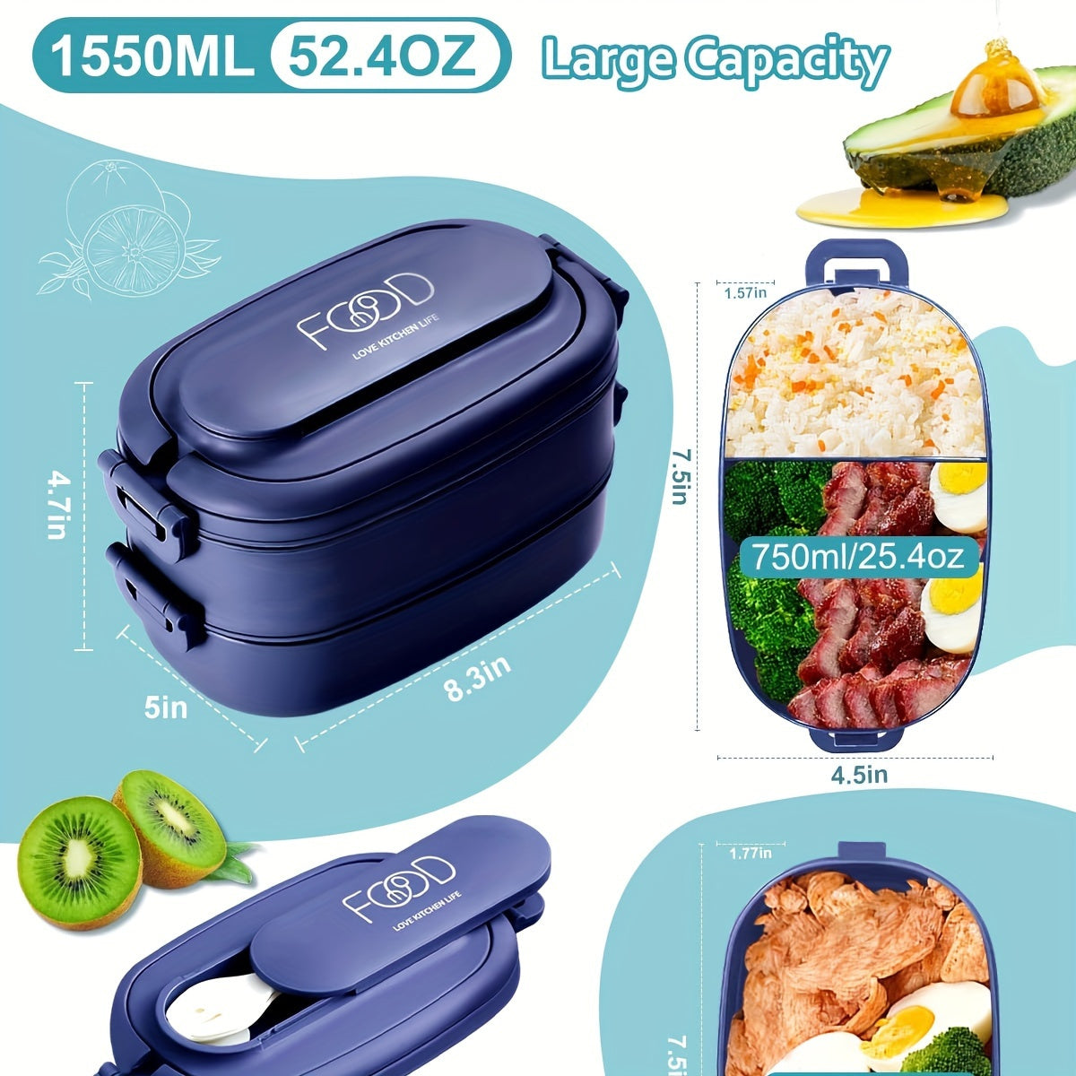 Kattalar uchun stackable Bento tushlik qutisi to'plami, suyuqlik o'tkazmaydigan, 1550ml, mikroto'lqinli pechga mos