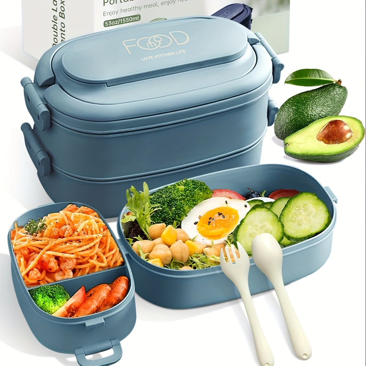 Kattalar uchun stackable Bento tushlik qutisi to'plami, suyuqlik o'tkazmaydigan, 1550ml, mikroto'lqinli pechga mos
