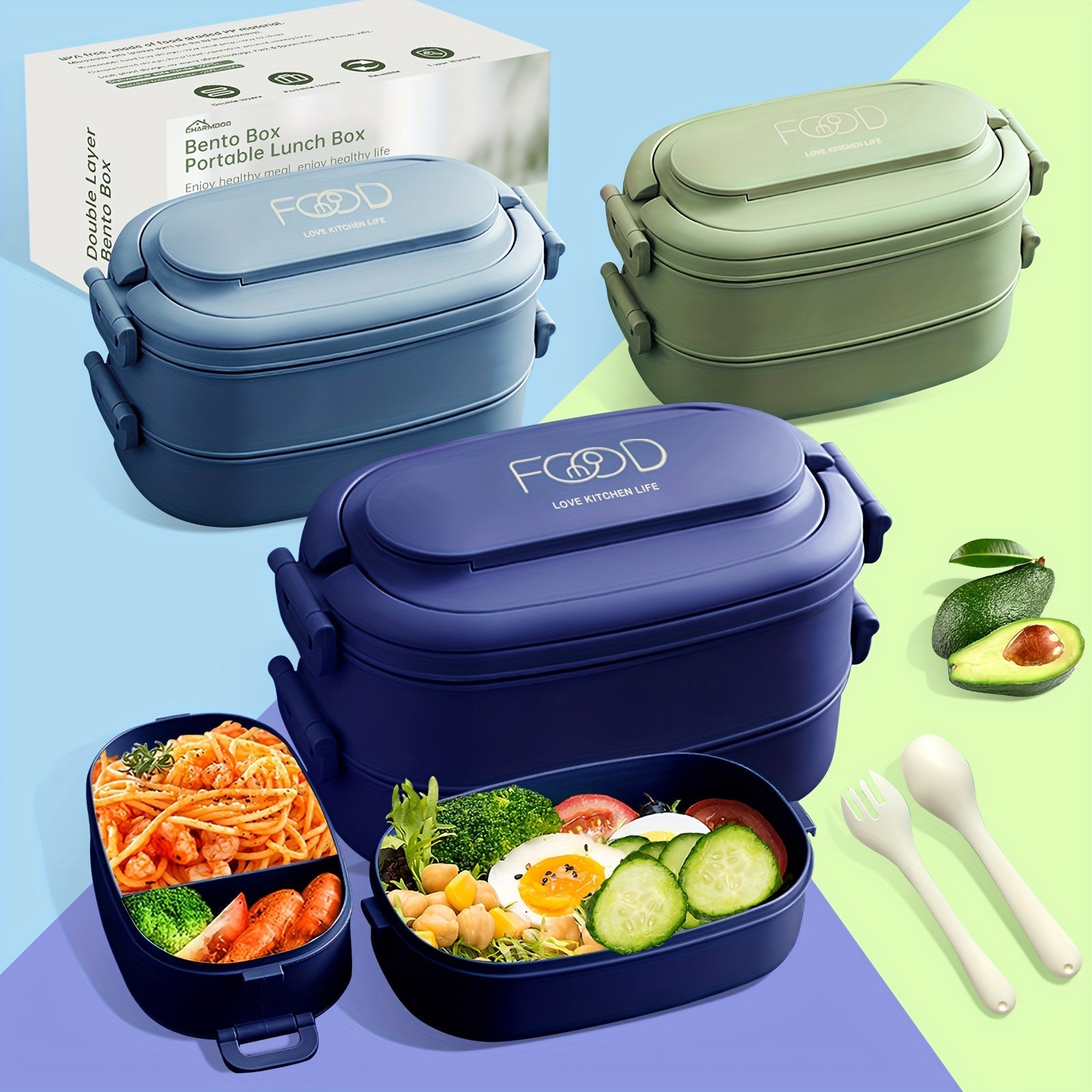 Kattalar uchun stackable Bento tushlik qutisi to'plami, suyuqlik o'tkazmaydigan, 1550ml, mikroto'lqinli pechga mos