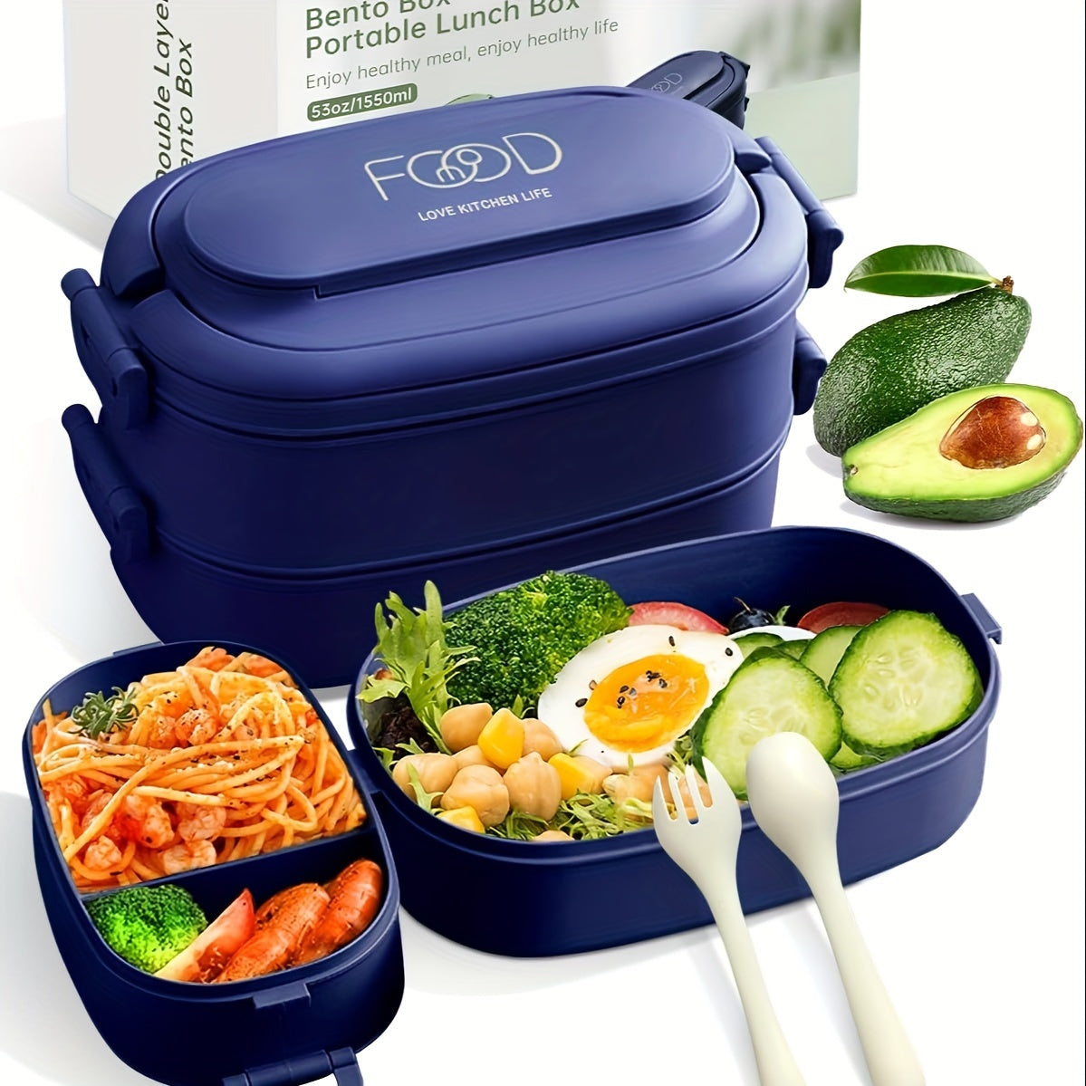 Kattalar uchun stackable Bento tushlik qutisi to'plami, suyuqlik o'tkazmaydigan, 1550ml, mikroto'lqinli pechga mos