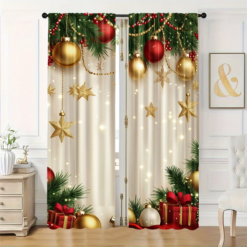 Pair of 2 Golden Christmas Pattern Digital Print Curtains Polyester for Living Room Home Decor