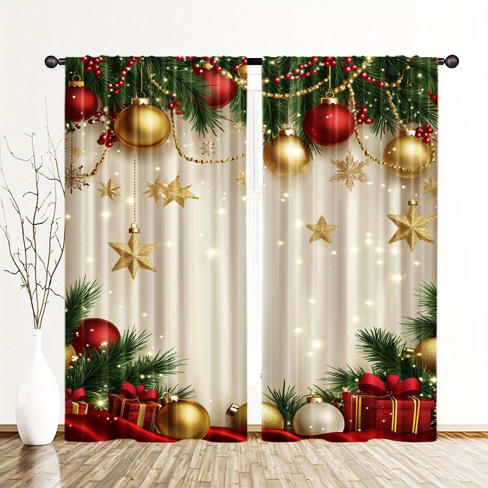 Pair of 2 Golden Christmas Pattern Digital Print Curtains Polyester for Living Room Home Decor