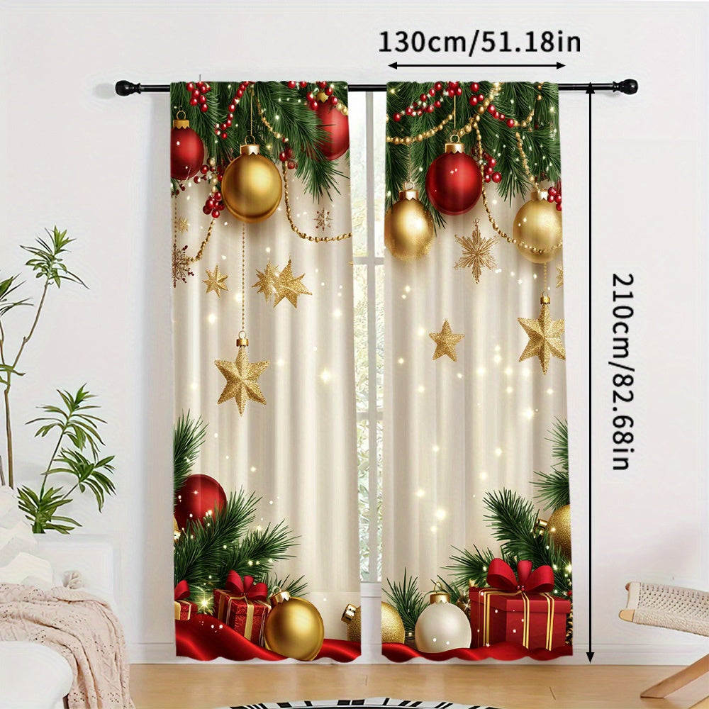 Pair of 2 Golden Christmas Pattern Digital Print Curtains Polyester for Living Room Home Decor