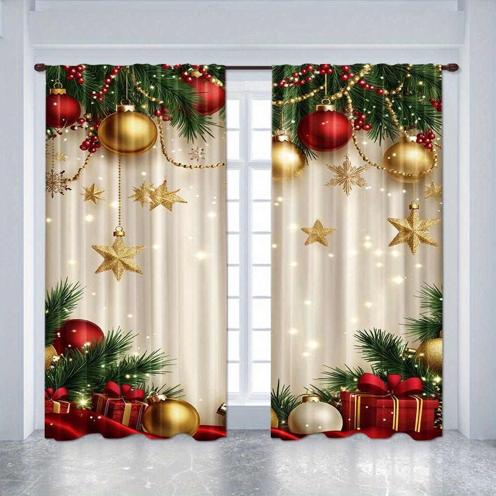 Pair of 2 Golden Christmas Pattern Digital Print Curtains Polyester for Living Room Home Decor
