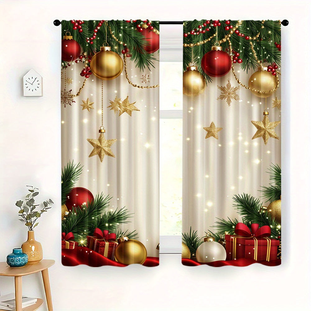 Pair of 2 Golden Christmas Pattern Digital Print Curtains Polyester for Living Room Home Decor