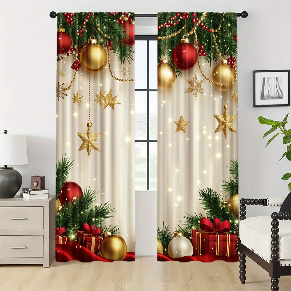 Pair of 2 Golden Christmas Pattern Digital Print Curtains Polyester for Living Room Home Decor
