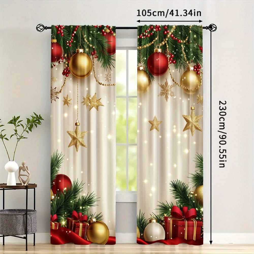 Pair of 2 Golden Christmas Pattern Digital Print Curtains Polyester for Living Room Home Decor