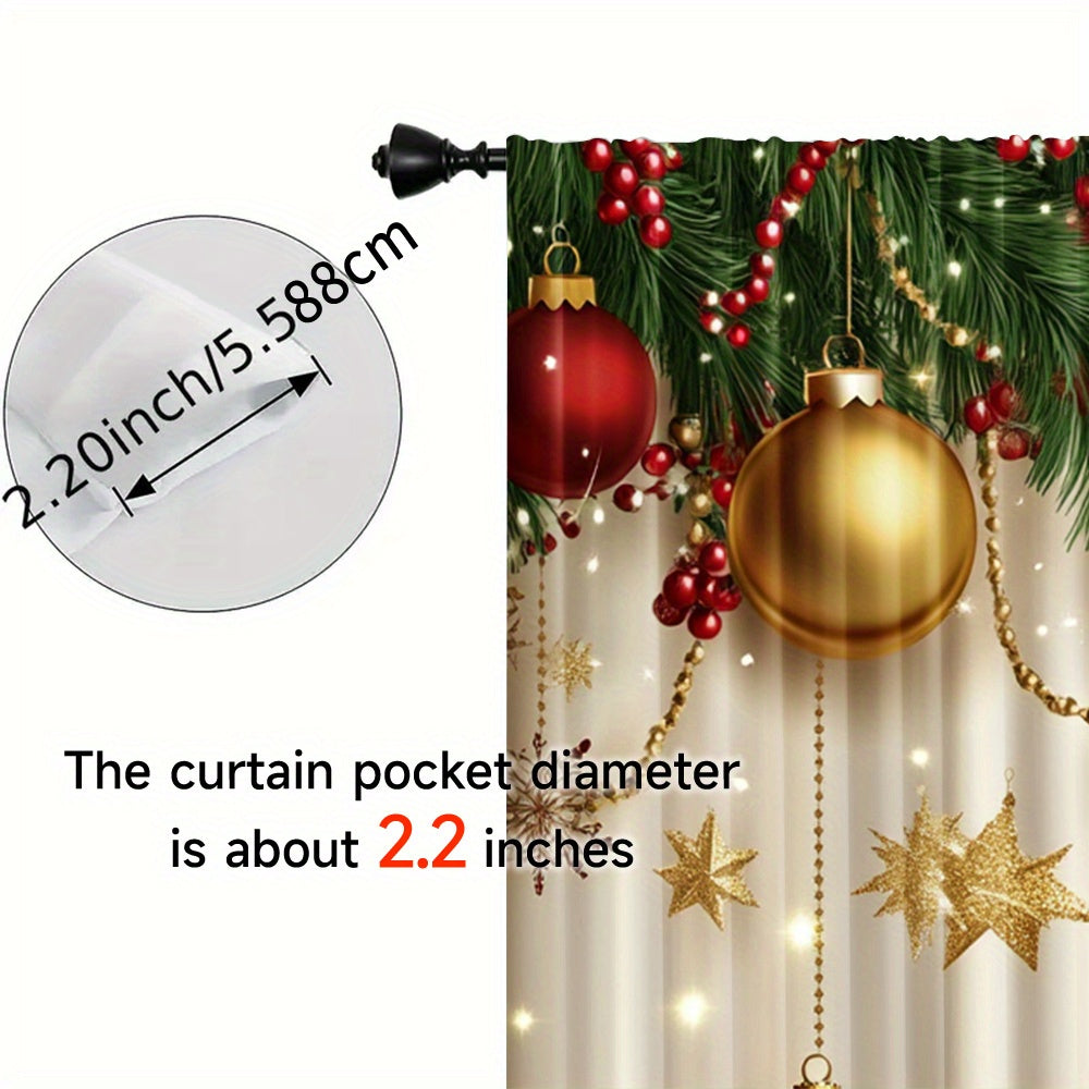 Pair of 2 Golden Christmas Pattern Digital Print Curtains Polyester for Living Room Home Decor