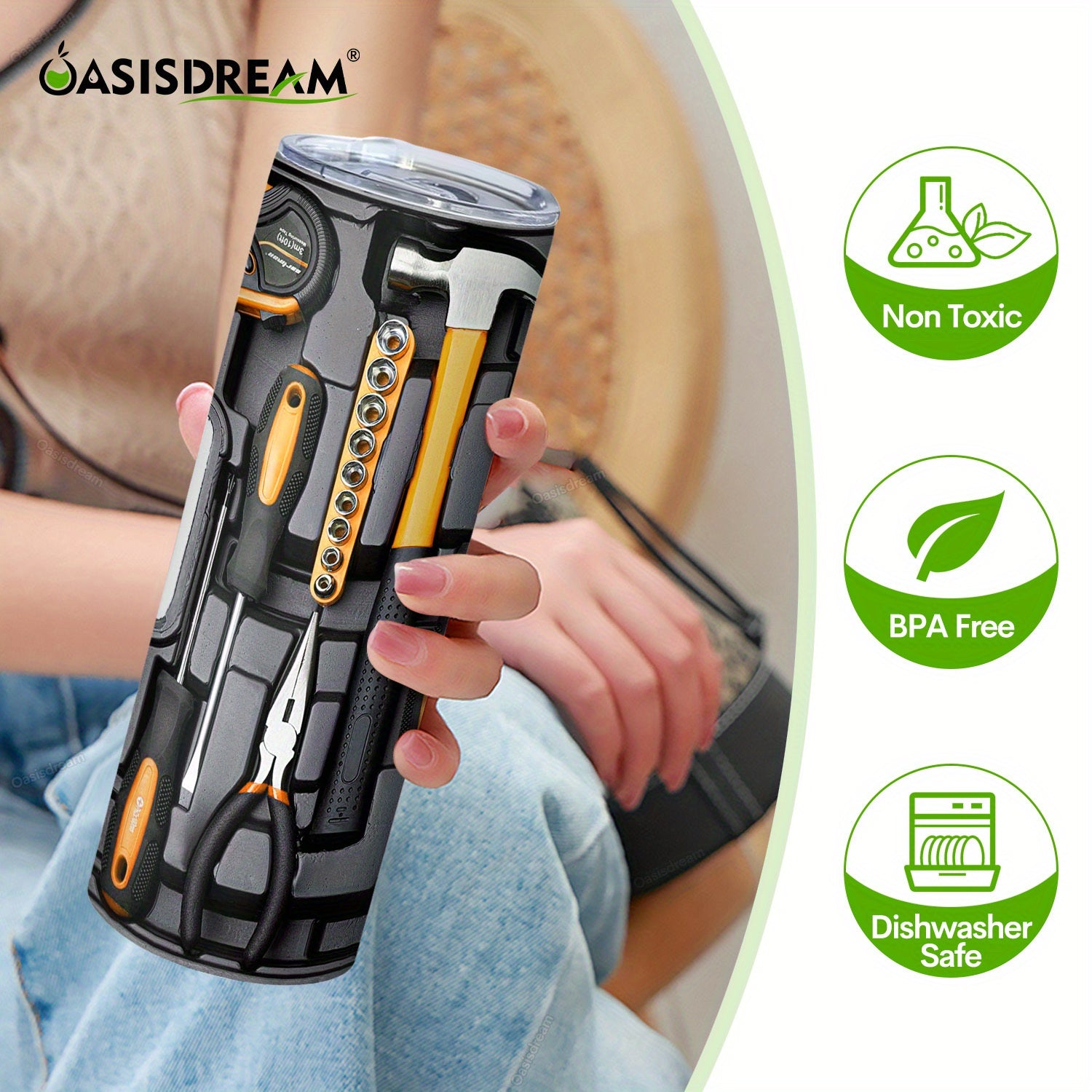 20oz Stainless Steel Insulated Tumbler with Printed Mechanic Tools Lid for Hot Cold Drinks