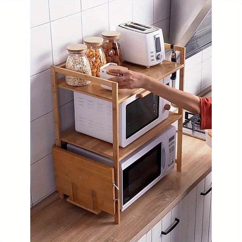 Adjustable Bamboo Kitchen Organizer for Microwave and Spice Rack Storage
