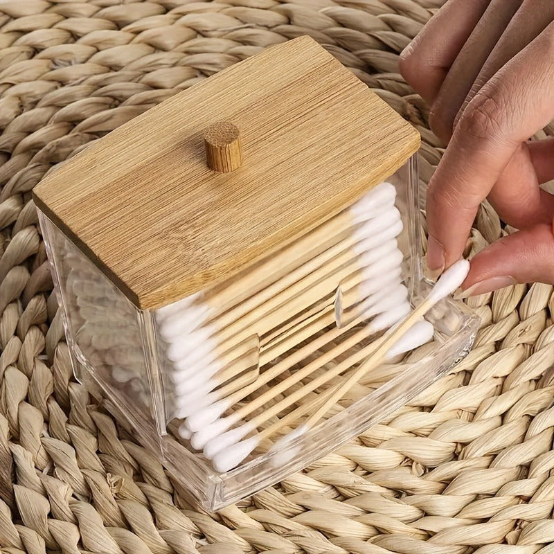 Acrylic Storage Dispenser with Bamboo Lid for Dual Compartment Balls and Swabs