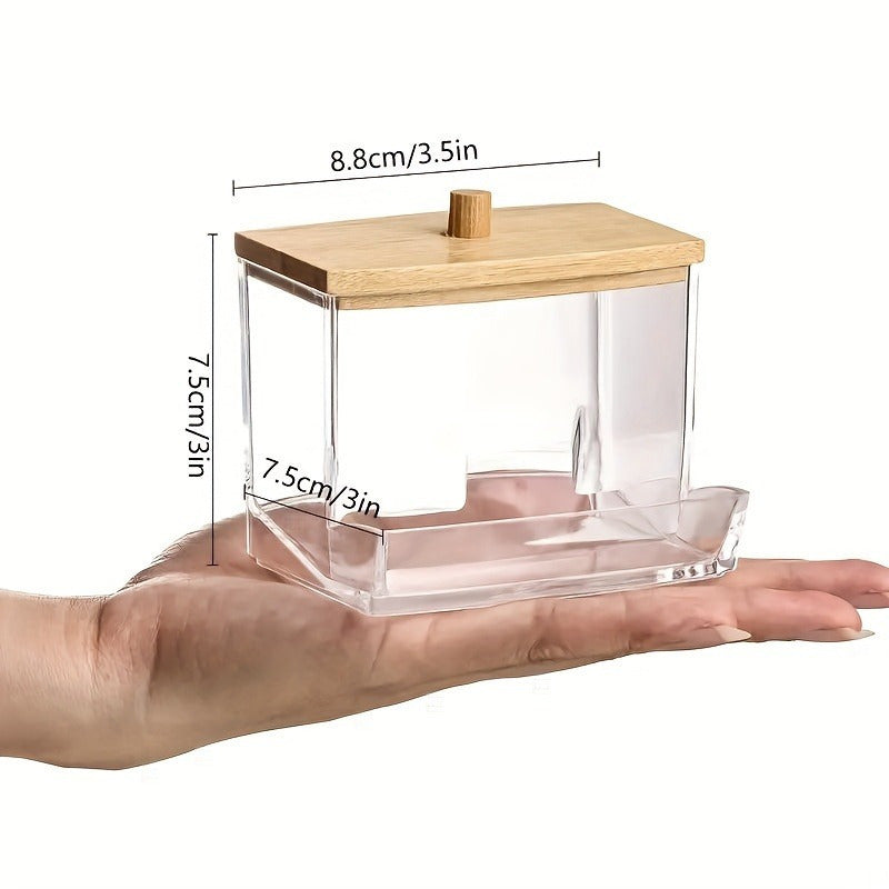 Acrylic Storage Dispenser with Bamboo Lid for Dual Compartment Balls and Swabs
