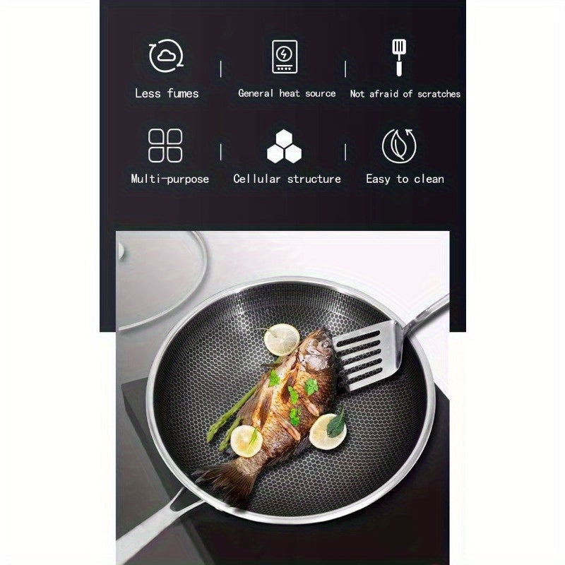 Stainless Steel Wok Skillet Non-Stick Honeycomb Coating for Gas and Induction