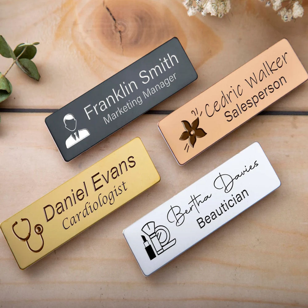Personalized Stainless Steel Name Badge with Laser Engraving and Attachment Options