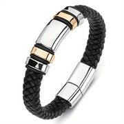 Men's Braided Leather Bracelet with Stainless Steel Accents Stylish Wristband Accessory