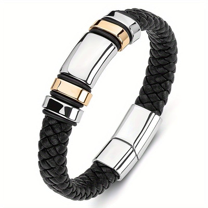Men's Braided Leather Bracelet with Stainless Steel Accents Stylish Wristband Accessory