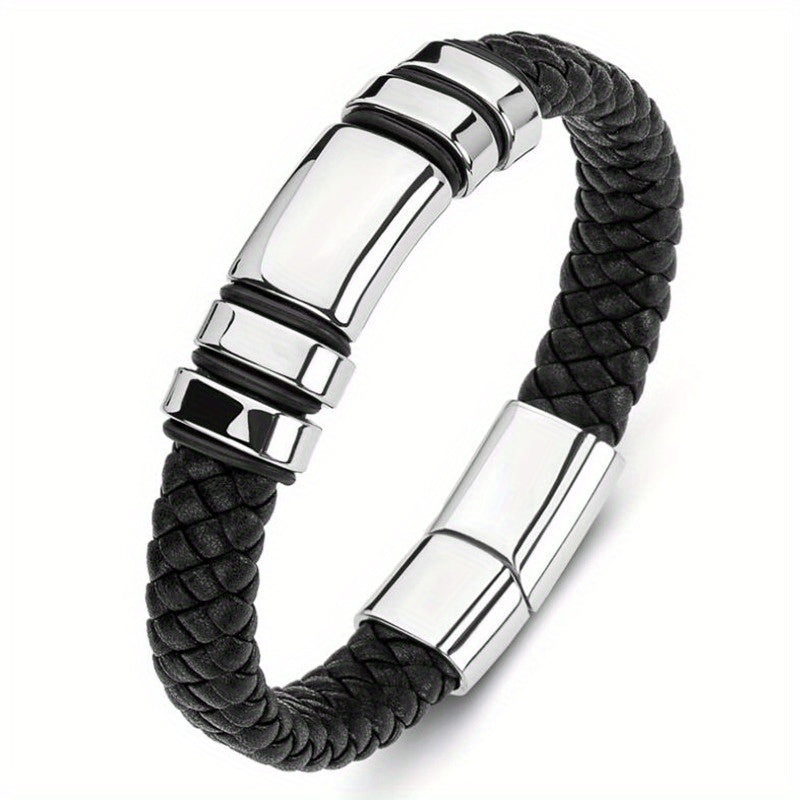 Men's Braided Leather Bracelet with Stainless Steel Accents Stylish Wristband Accessory