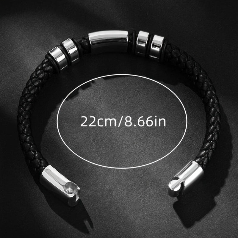 Men's Braided Leather Bracelet with Stainless Steel Accents Stylish Wristband Accessory
