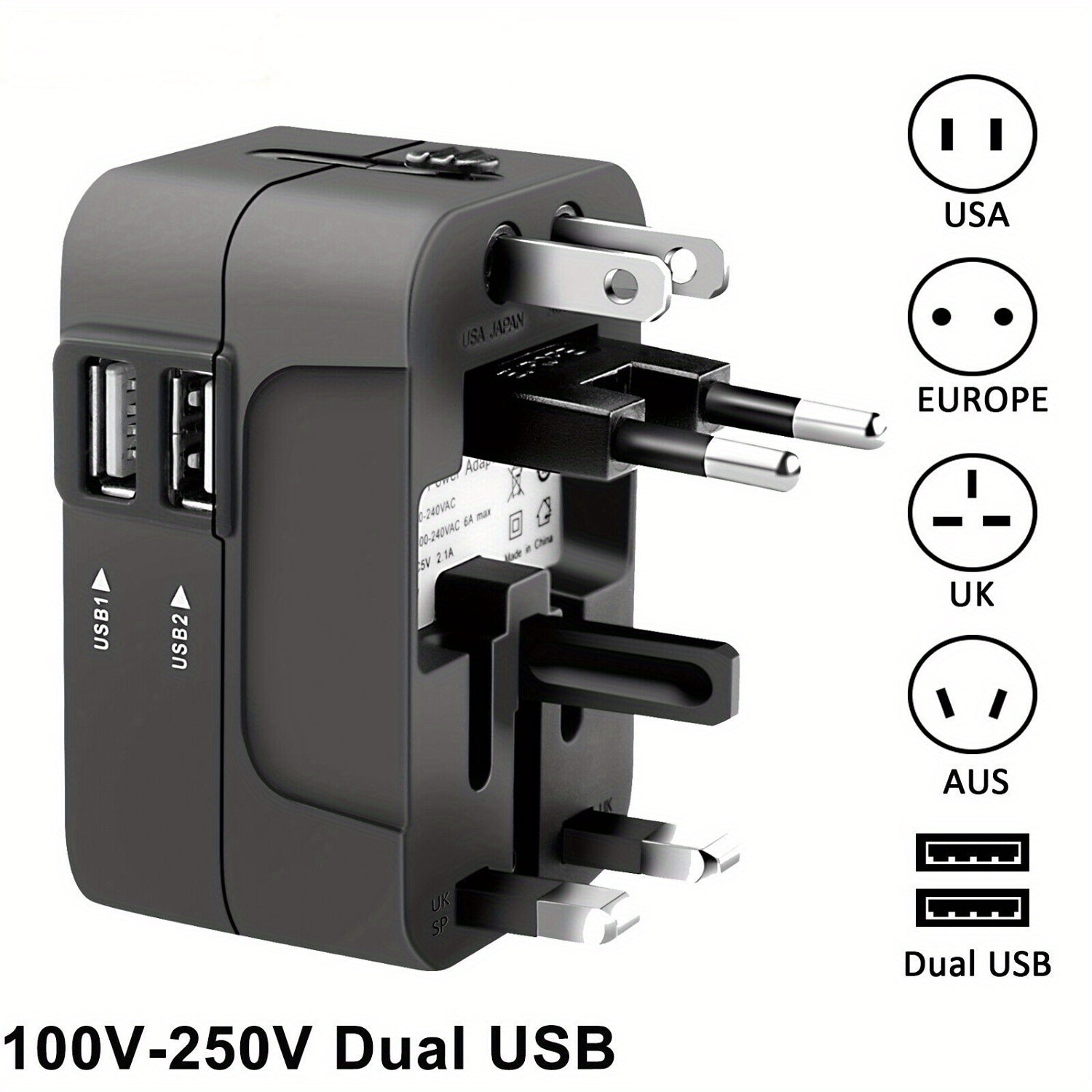 Adaptador de viaje con 2 puertos USB para enchufes US UK EU convertidor de energía compacto y ligero