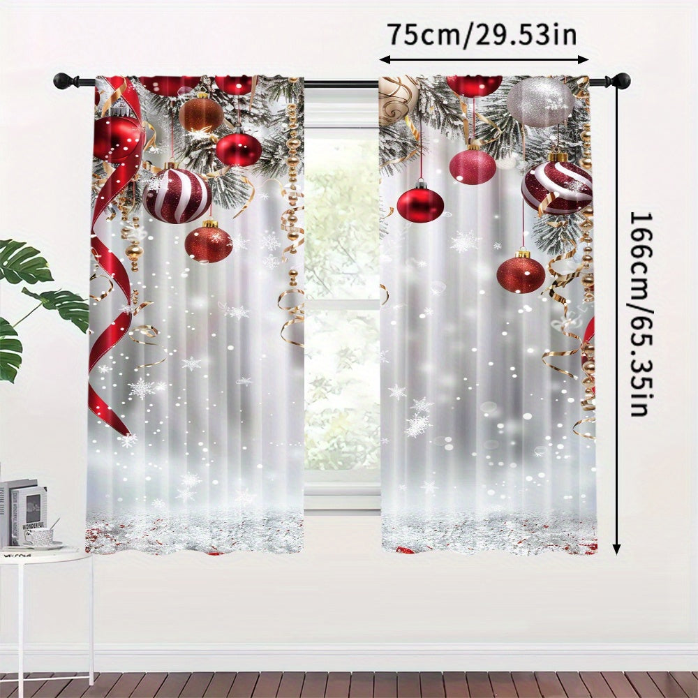 Christmas Tree and Ornaments Print Curtain Panels Set of 2 Snowflake and Ball Design for Living Room Bedroom