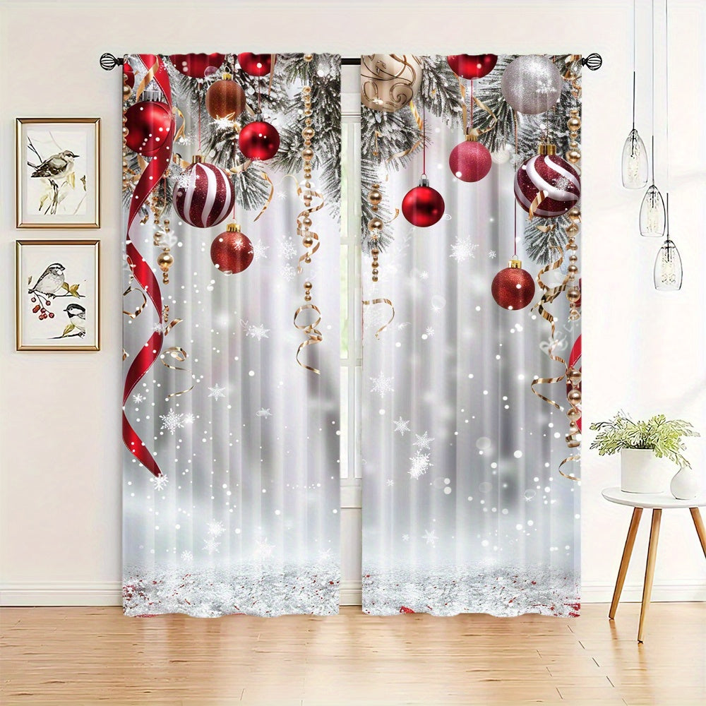 Christmas Tree and Ornaments Print Curtain Panels Set of 2 Snowflake and Ball Design for Living Room Bedroom