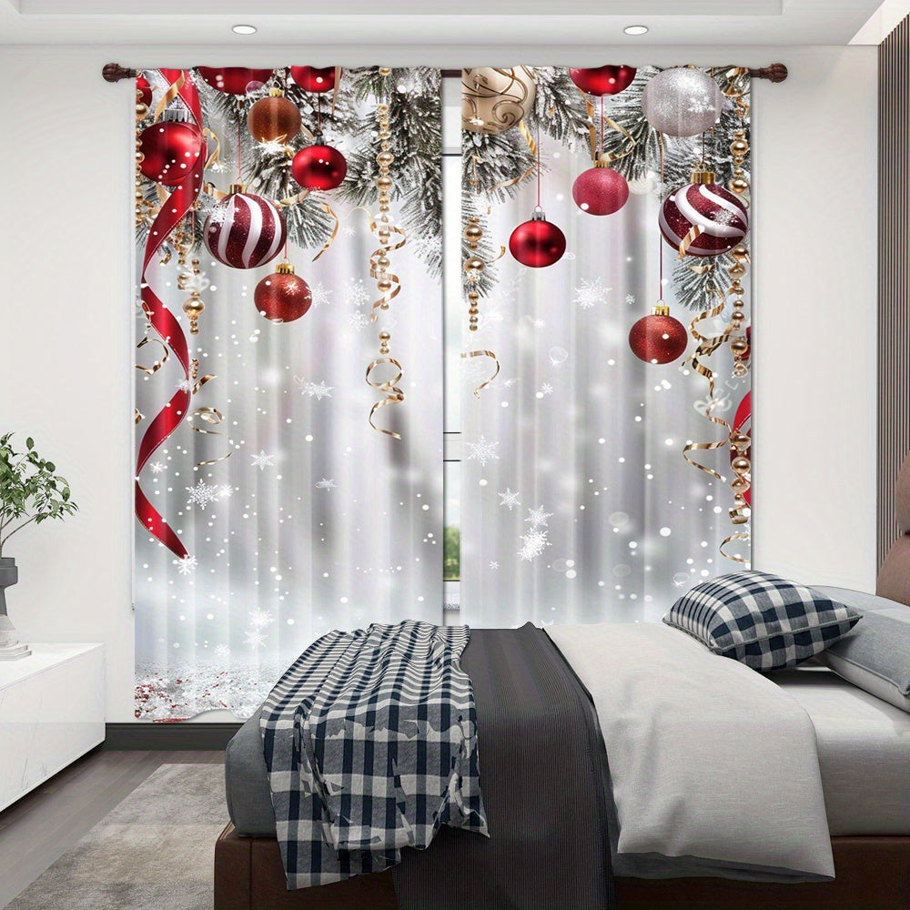 Christmas Tree and Ornaments Print Curtain Panels Set of 2 Snowflake and Ball Design for Living Room Bedroom