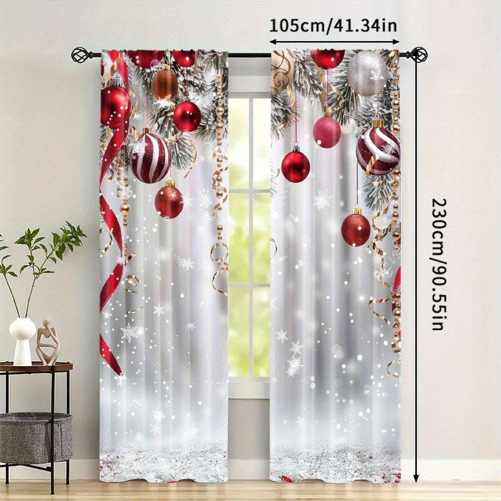 Christmas Tree and Ornaments Print Curtain Panels Set of 2 Snowflake and Ball Design for Living Room Bedroom