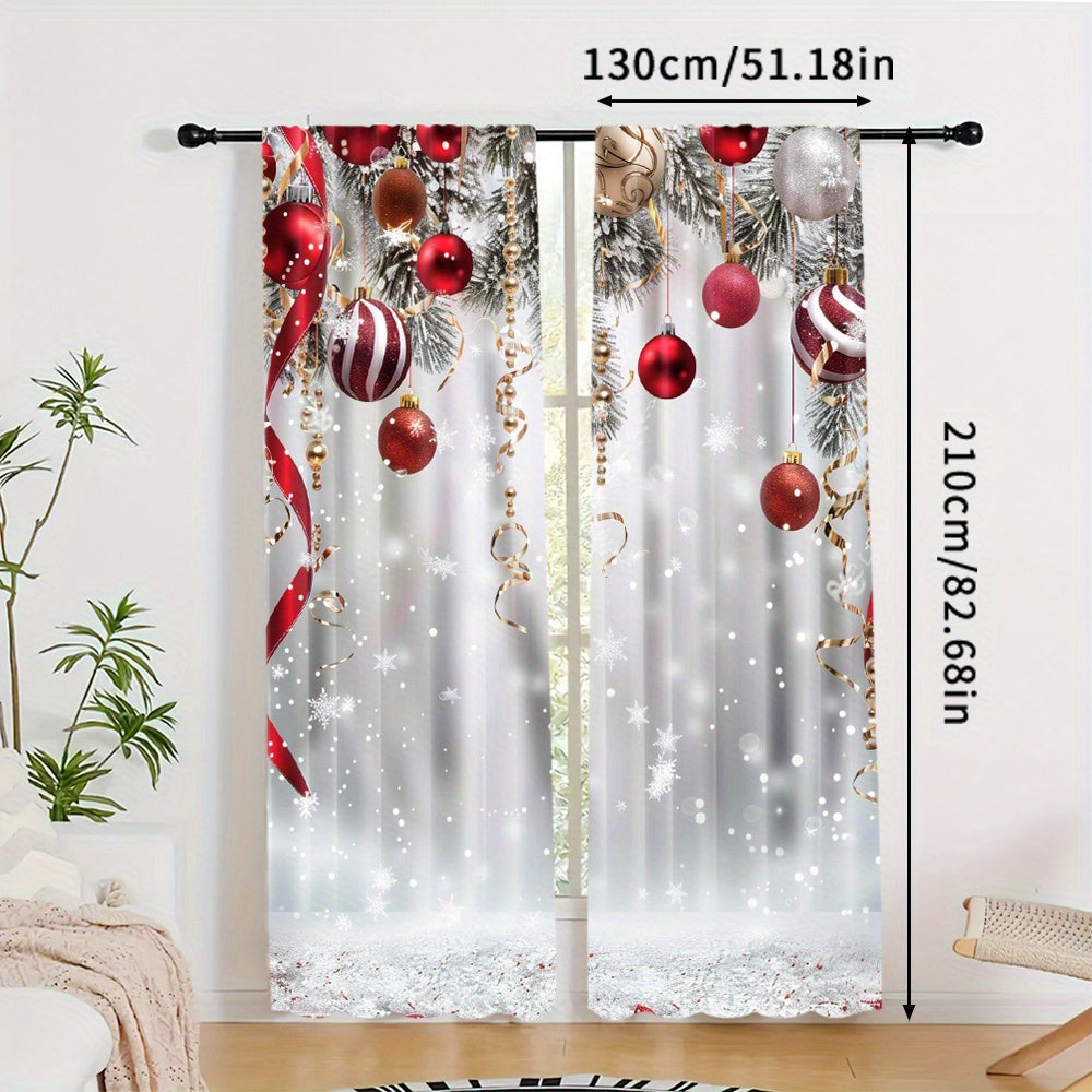 Christmas Tree and Ornaments Print Curtain Panels Set of 2 Snowflake and Ball Design for Living Room Bedroom