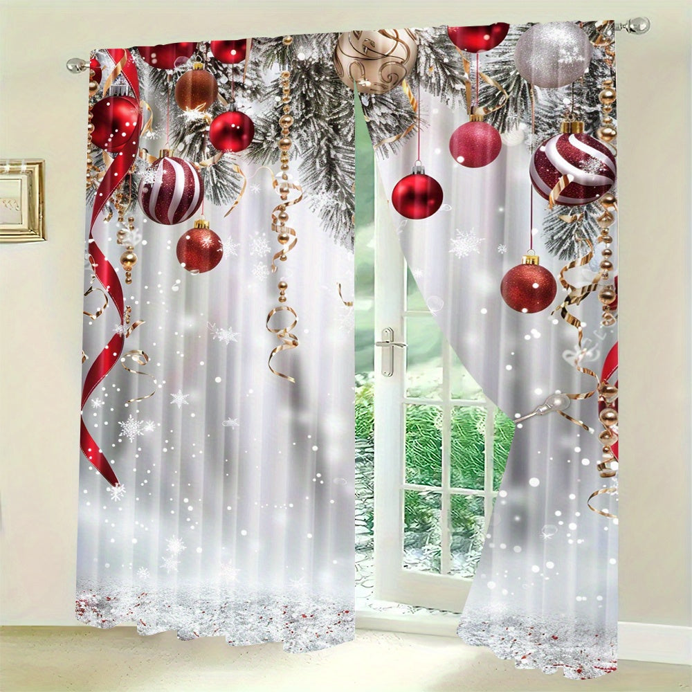 Christmas Tree and Ornaments Print Curtain Panels Set of 2 Snowflake and Ball Design for Living Room Bedroom