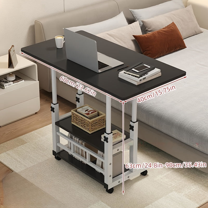 Mobile Desk with Adjustable Height Wheels and Shelves in White and Black