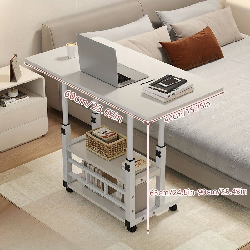 Mobile Desk with Adjustable Height Wheels and Shelves in White and Black