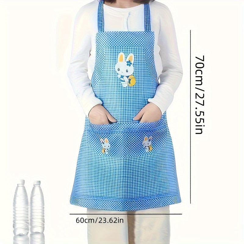 Light Blue Gingham Apron with Bunny Design and Pockets for Kitchen and Restaurant Use