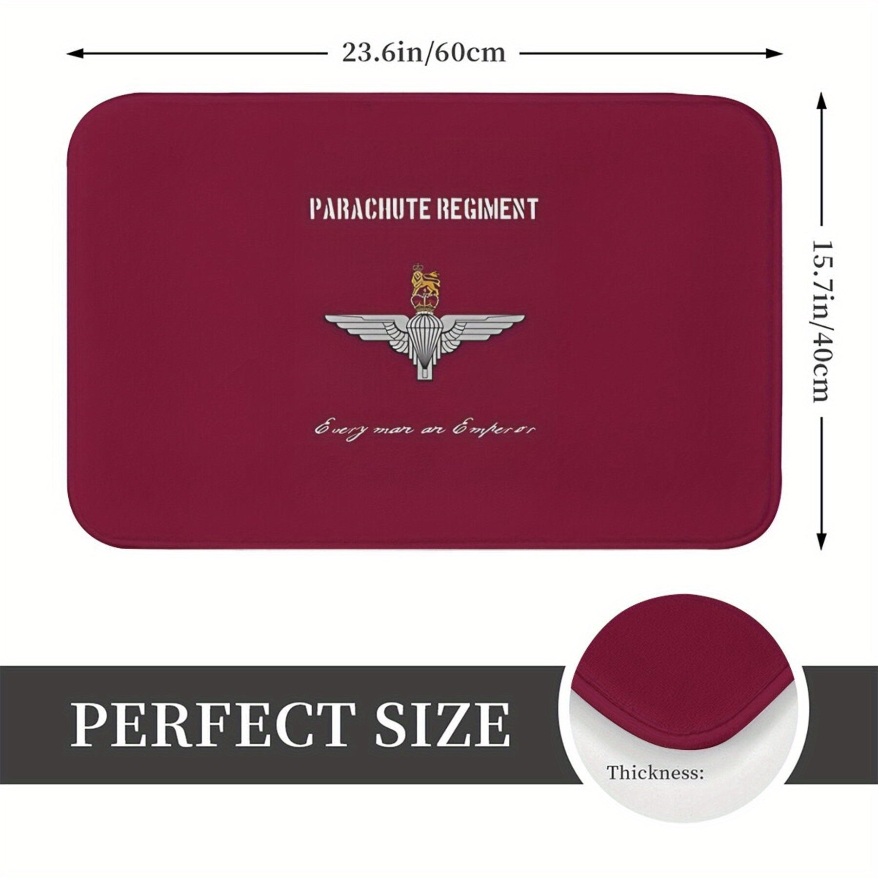 Mashina yuvish mumkin bo'lgan polyester eshik mato, Parachute Regiment emblemasi bilan. Ushbu engil, sirpanmaydigan to'rtburchakli kirish mato oshxona, balkon yoki kirish joyida ichki yoki tashqi foydalanish uchun mukammaldir.