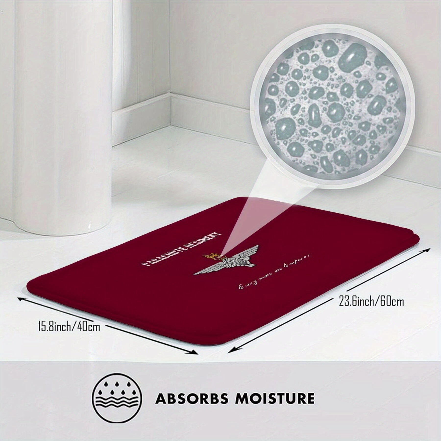 Mashina yuvish mumkin bo'lgan polyester eshik mato, Parachute Regiment emblemasi bilan. Ushbu engil, sirpanmaydigan to'rtburchakli kirish mato oshxona, balkon yoki kirish joyida ichki yoki tashqi foydalanish uchun mukammaldir.