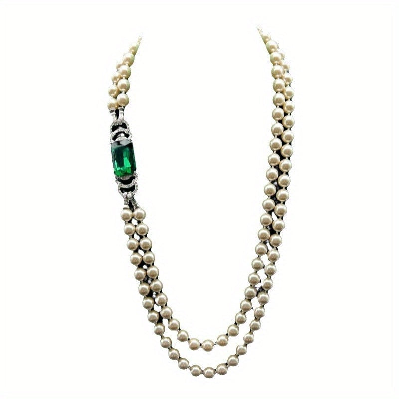 Vintage-Inspired Boho Pearl Necklace with Glass Emerald and Rhinestones