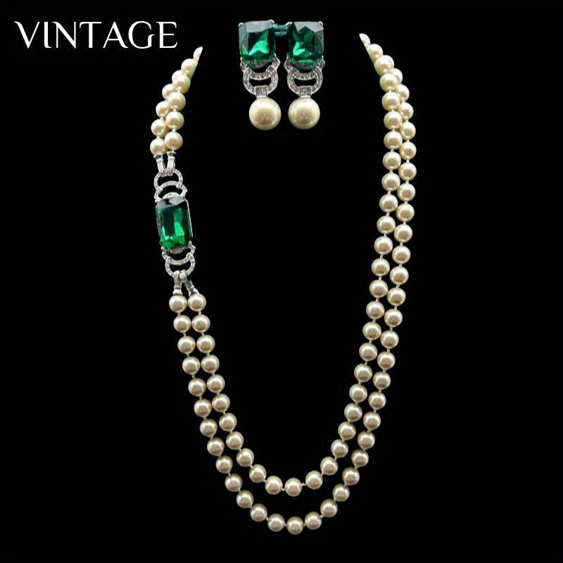Vintage-Inspired Boho Pearl Necklace with Glass Emerald and Rhinestones
