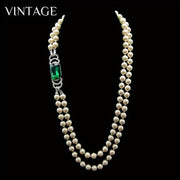 Vintage-Inspired Boho Pearl Necklace with Glass Emerald and Rhinestones