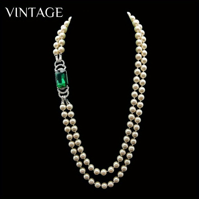 Vintage-Inspired Boho Pearl Necklace with Glass Emerald and Rhinestones