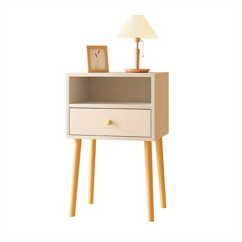 Minimalist Bedside Table with Lockable Storage Shelf and Solid Wood Legs