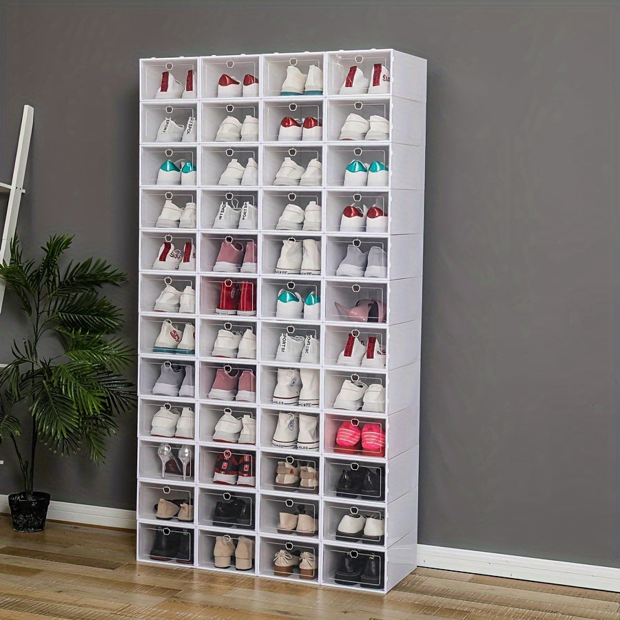 12 ta paketli stackable poyafzal saqlash qutilari, flip qopqog'lari bilan, suv o'tkazmaydigan, chang o'tkazmaydigan, shaffof tashkilotchilar