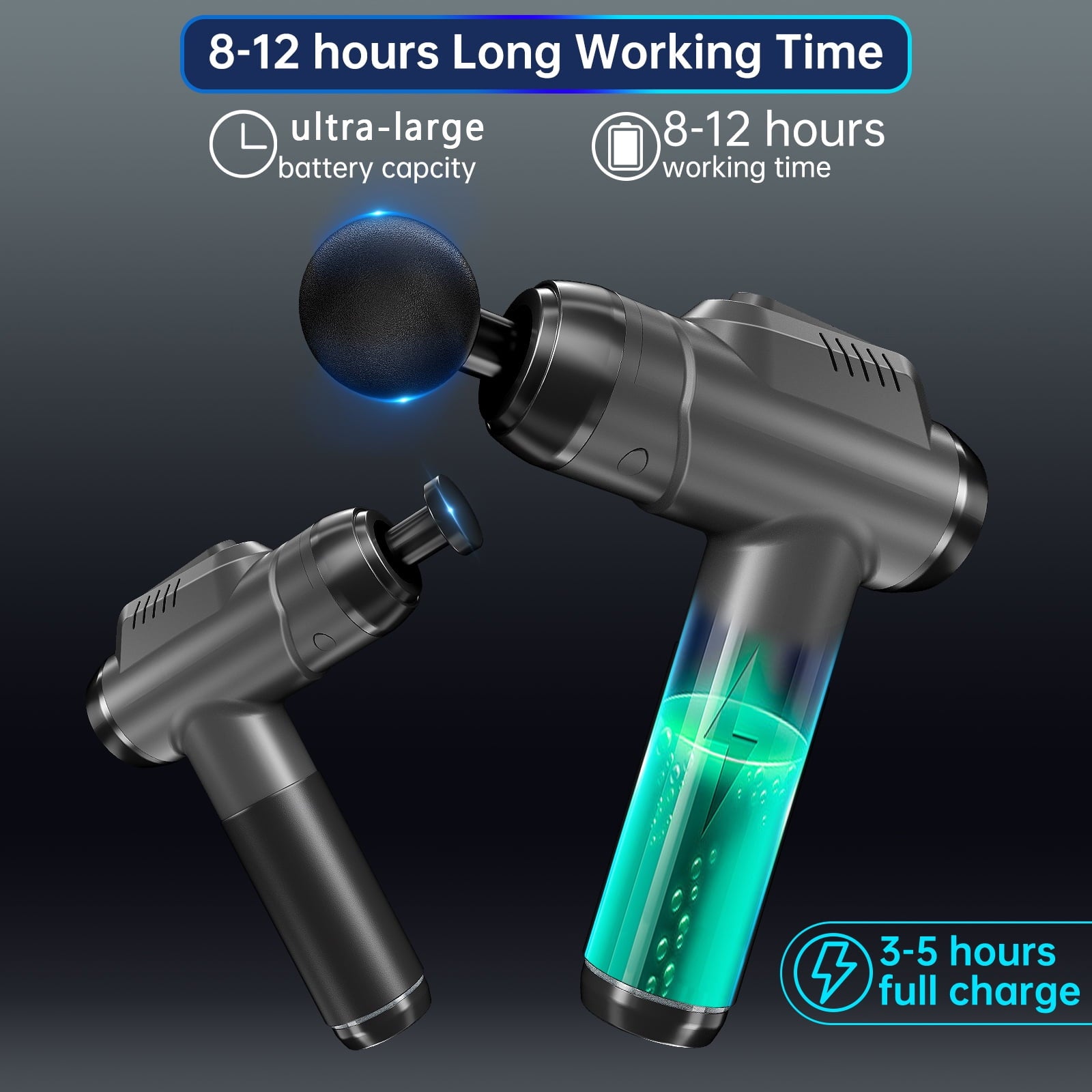 8 ta almashtiriladigan boshli yuqori quvvatli chuqur to'qima massaj quroli, USB orqali zaryadlanadigan, sozlanadigan tezliklar (1200-6000 RPM), LCD sensorli ekran, butun tanani bo'shatuvchi.