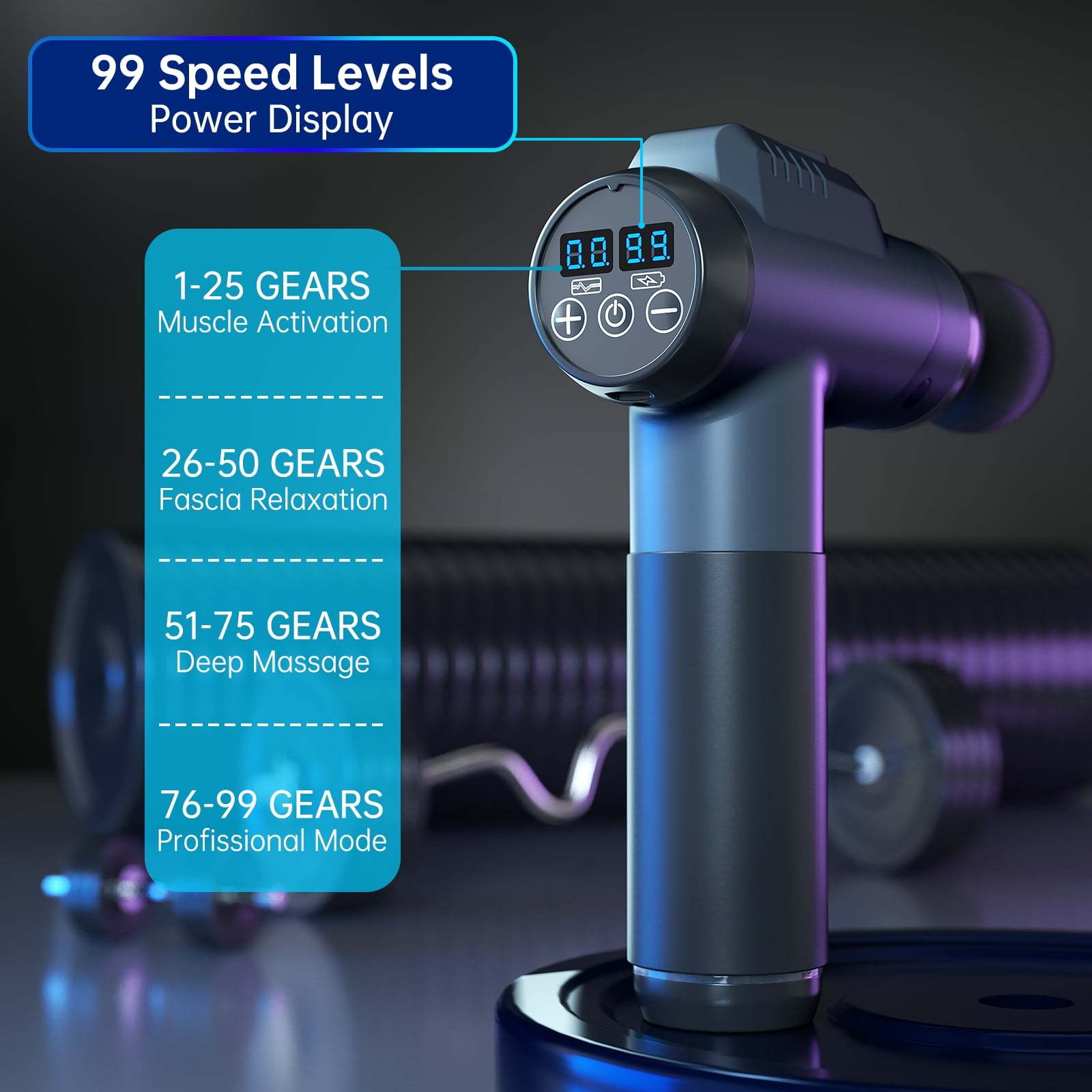 8 ta almashtiriladigan boshli yuqori quvvatli chuqur to'qima massaj quroli, USB orqali zaryadlanadigan, sozlanadigan tezliklar (1200-6000 RPM), LCD sensorli ekran, butun tanani bo'shatuvchi.