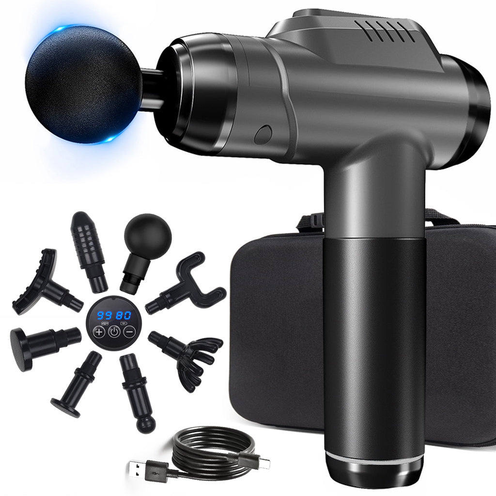 8 ta almashtiriladigan boshli yuqori quvvatli chuqur to'qima massaj quroli, USB orqali zaryadlanadigan, sozlanadigan tezliklar (1200-6000 RPM), LCD sensorli ekran, butun tanani bo'shatuvchi.