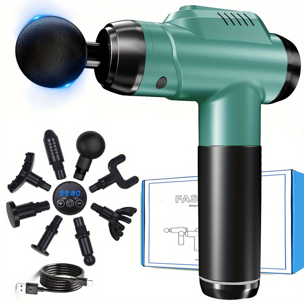 8 ta almashtiriladigan boshli yuqori quvvatli chuqur to'qima massaj quroli, USB orqali zaryadlanadigan, sozlanadigan tezliklar (1200-6000 RPM), LCD sensorli ekran, butun tanani bo'shatuvchi.