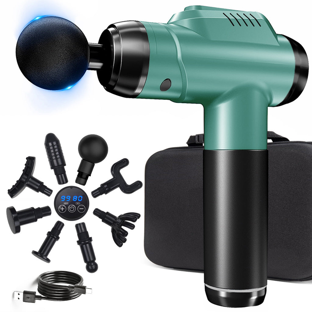 8 ta almashtiriladigan boshli yuqori quvvatli chuqur to'qima massaj quroli, USB orqali zaryadlanadigan, sozlanadigan tezliklar (1200-6000 RPM), LCD sensorli ekran, butun tanani bo'shatuvchi.