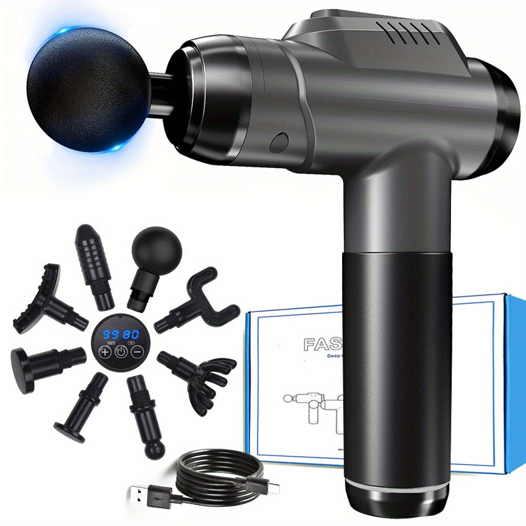 8 ta almashtiriladigan boshli yuqori quvvatli chuqur to'qima massaj quroli, USB orqali zaryadlanadigan, sozlanadigan tezliklar (1200-6000 RPM), LCD sensorli ekran, butun tanani bo'shatuvchi.