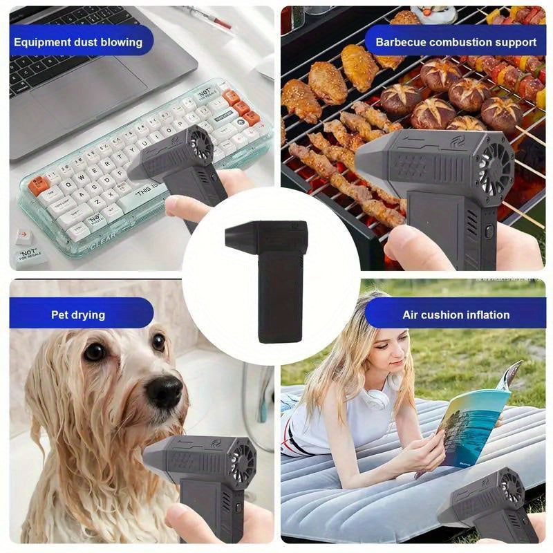 Portativ Turbo Fan Blower, yuqori tezlikda 130000 RPM, qayta zaryadlanadigan 3000mAh litiy batareya va USB zaryadlash - 150W quvvat, 180g kuchli shamol bosimi, ichki va tashqi foydalanish, ABS material, teginish nazorati va simli aksessuar.