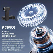 Portativ Turbo Fan Blower, yuqori tezlikda 130000 RPM, qayta zaryadlanadigan 3000mAh litiy batareya va USB zaryadlash - 150W quvvat, 180g kuchli shamol bosimi, ichki va tashqi foydalanish, ABS material, teginish nazorati va simli aksessuar.