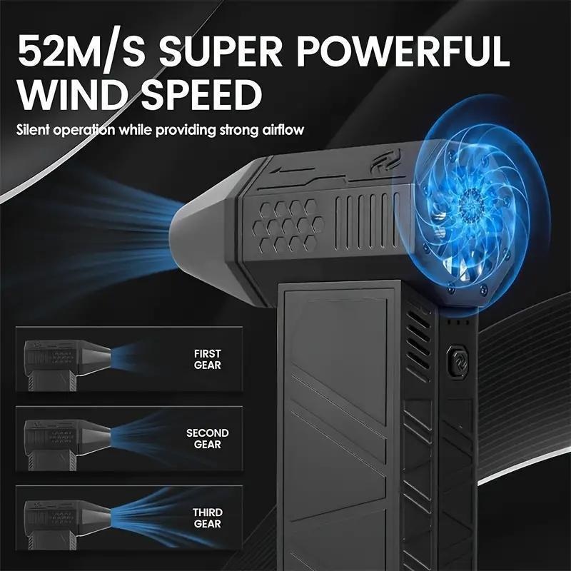 Portativ Turbo Fan Blower, yuqori tezlikda 130000 RPM, qayta zaryadlanadigan 3000mAh litiy batareya va USB zaryadlash - 150W quvvat, 180g kuchli shamol bosimi, ichki va tashqi foydalanish, ABS material, teginish nazorati va simli aksessuar.