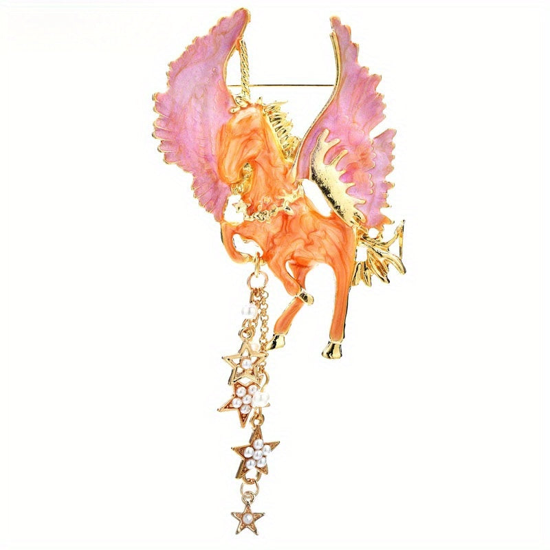 Vintage Enamel Pegasus Brooch Pin with Celestial Stars and Pearls for Women